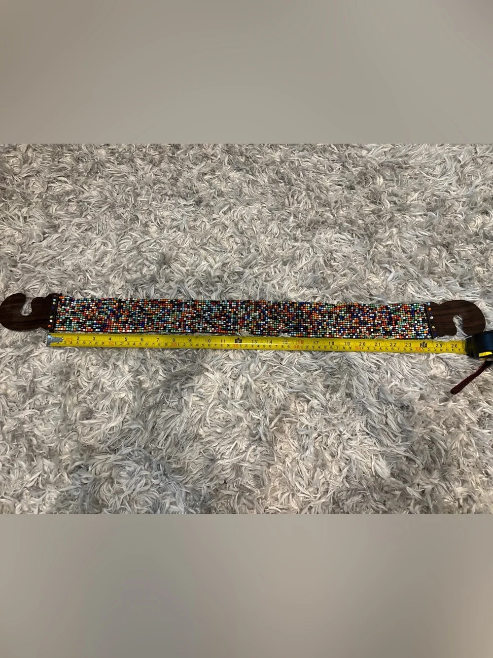 Y2K Vintage Boho Beaded Stretch Belt Multi Color Glass Beads Carved Wood Clasp